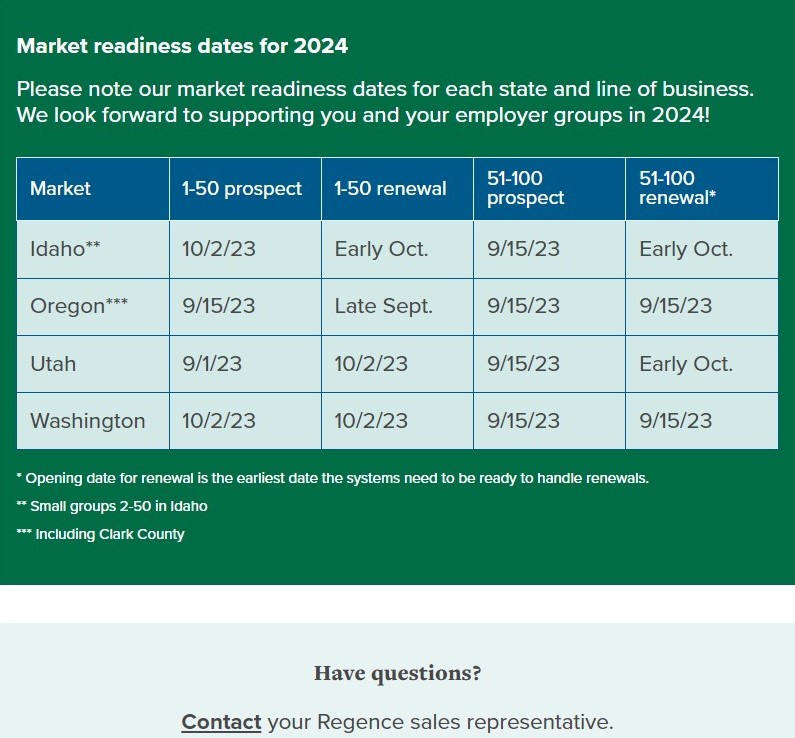 Section of email build showoing a five-column data table with four rows of dates for Idaho, Oregon, Utah, and Washington.